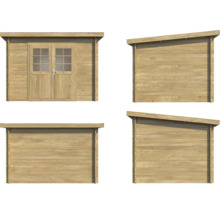 Holzgartenhaus mit Doppeltür und Pultdachansicht von vier Seiten