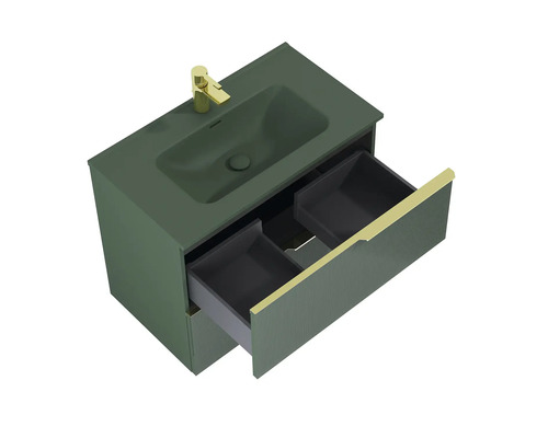 Waschtischunterschrank mit offenem Schubladensystem und Aufsatzwaschbecken