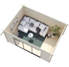 Innenansicht eines Gartenhauses mit Sofa, Tisch und Dekoration