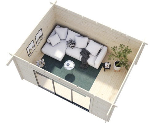 Holzgartenhaus mit Sofa, Tisch und Zimmerpflanze eingerichtet