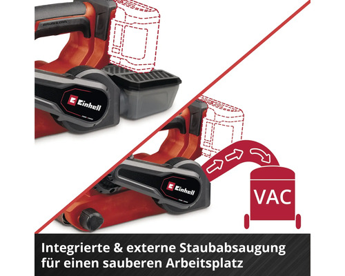 Illustration einer Handkreissäge mit interner und externer Staubabsaugung für einen sauberen Arbeitsplatz