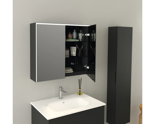 Badezimmer mit Waschbeckenunterschrank, Spiegelschrank und Hochschrank