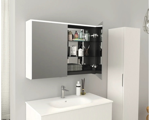 Badezimmerszene mit Waschbecken, Spiegelschrank und Hochschrank für ein organisiertes Ambiente