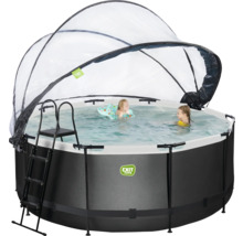 Runder Aufstellpool mit Überdachung und Leiter. Zwei Kinder spielen im Wasser. Exit Toys Logo.