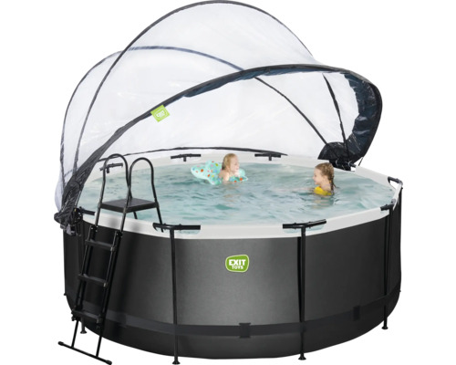 Runder Aufstellpool mit Überdachung und Leiter. Zwei Kinder spielen im Wasser. Exit Toys Logo.