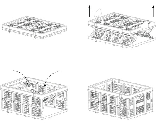 Illustration eines faltbaren Kunststoffbehälters in verschiedenen Faltstadien