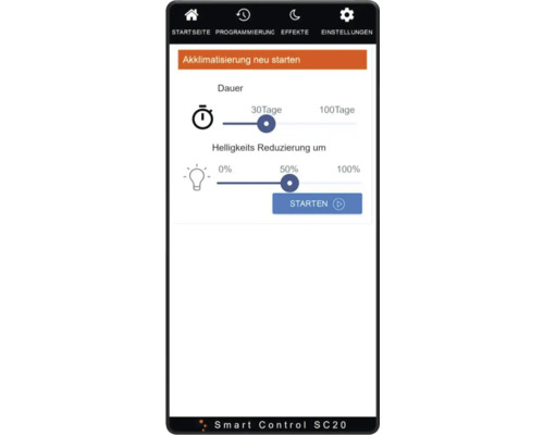Smartphone-Ansicht der Smart Control SC20 App zur Steuerung von Aquariumbeleuchtung mit den Optionen Aklimatisierung, Dauer und Helligkeitsreduzierung.