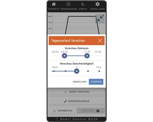Screenshot eines Smartphones mit der Smart Control SC20 App zur Vorschau des Tagesverlaufs.