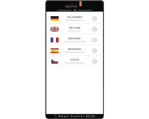 Smartphone-Anzeige mit Sprachauswahl für die Erstkonfiguration