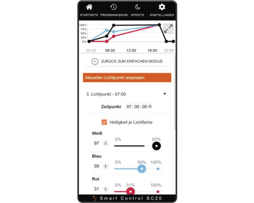 Smartphone-Display mit Lichtsteuerung für Aquarienbeleuchtung