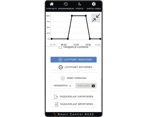 Smartphone-Anzeige der Smart Control SC20 App mit Diagramm zur Lichtsteuerung