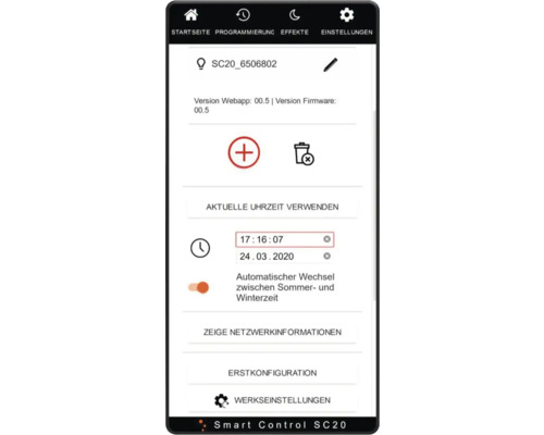 Smartphone-Bildschirm mit der Smart Control SC20 App-Oberfläche