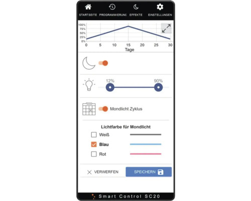 Smartphone-Bildschirm mit App-Oberfläche zur Steuerung von Beleuchtungseinstellungen.
