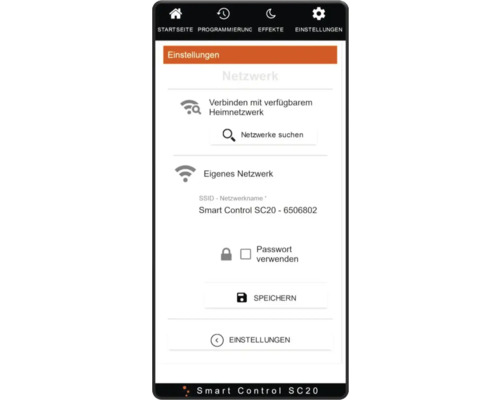 Smartphone-Bildschirm mit Netzwerkeinstellungen der Smart Control SC20