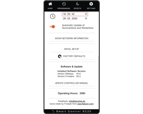 Smartphone-Anwendungseinstellungen mit Uhrzeit, Datum und Software-Update-Informationen