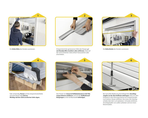 Anleitung zur Rollladenmontage in sechs Schritten: Fenster ausmessen, Panzer anpassen, Führungsschienen montieren.