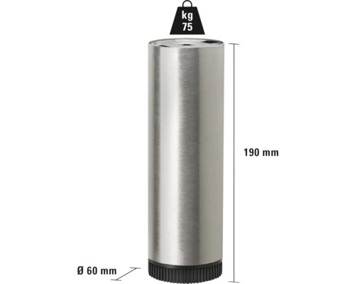 Möbelfuß aus Metall mit den Maßen 60 mm Durchmesser und 190 mm Höhe, Belastbarkeit 75 kg