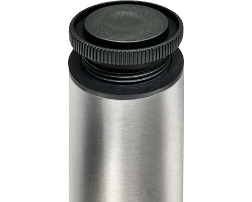 Detailaufnahme eines Möbelbeins aus Metall mit Verstellmechanismus