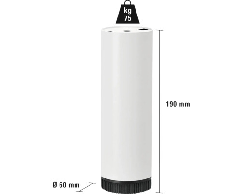 Zylindrischer Tischfuß mit den Maßen 190 mm Höhe und 60 mm Durchmesser, Belastbarkeit 75 kg