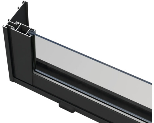 Detailansicht eines schwarzen Fensterrahmens mit Glas