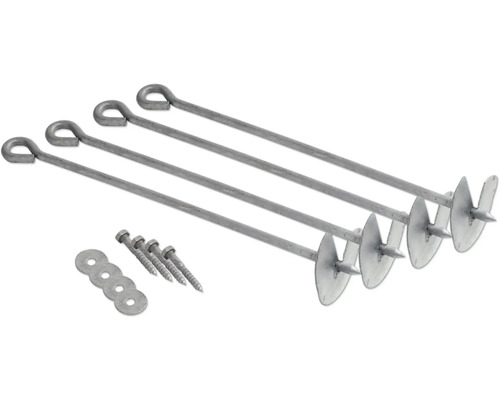 Mehrere Erdnägel mit Schrauben und Unterlegscheiben