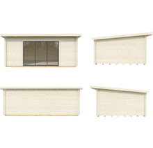 Mehransicht eines Gartenhauses mit Pultdach und großem Fenster
