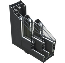 Querschnitt einer schwarzen Aluminiumfensterkonstruktion mit Dreifachverglasung