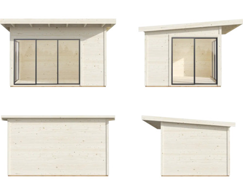 Ansichten eines Gartenhauses mit Flachdach und Schiebefenstern