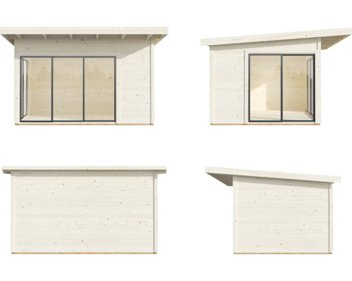 Mehransicht eines modernen Holzgartenhauses mit Flachdach und großen Fensterfronten.