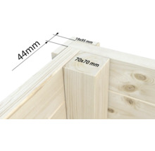 Detailansicht einer Holzecke mit Maßangaben 44 mm, 19 mal 95 mm und 70 mal 70 mm.