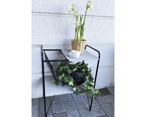 Dekorativer Beistelltisch mit zwei Ablagen, Blumenschmuck und Zeitschriftensammlung für den Innenbereich.