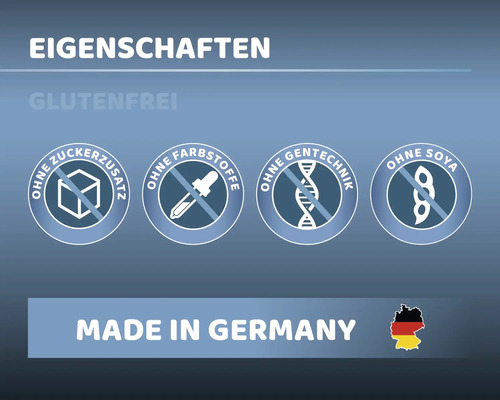 Produktmerkmale: ohne Zuckerzusatz, ohne Farbstoffe, ohne Gentechnik, ohne Soja, glutenfrei, hergestellt in Deutschland