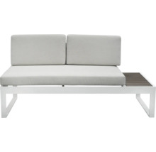 Gartensofa mit zwei Sitzplätzen, weißem Rahmen und seitlicher Ablagefläche