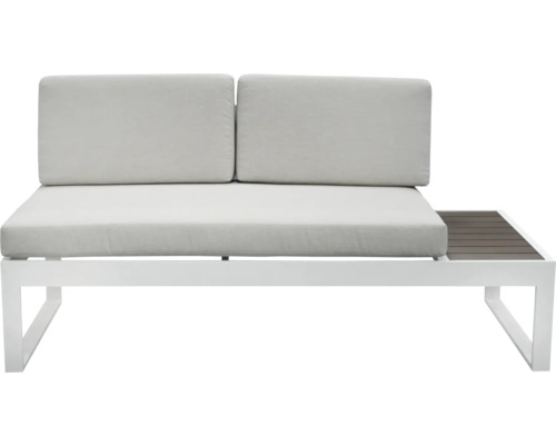 Gartensofa mit zwei Sitzplätzen, weißem Rahmen und seitlicher Ablagefläche