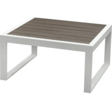 Quadratischer Gartentisch mit Holzoptik auf der Tischplatte