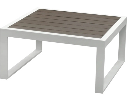 Quadratischer Gartentisch mit Holzoptik auf der Tischplatte