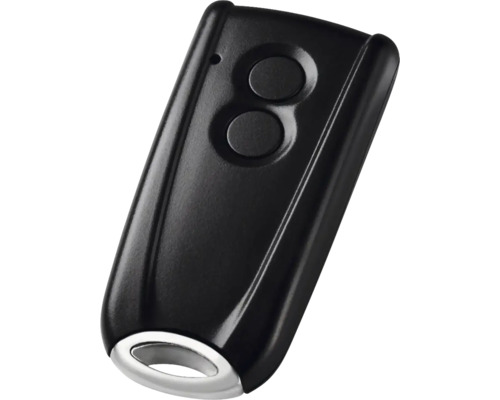 Schwarze Fernbedienung mit zwei Tasten und Schlüsselanhänger