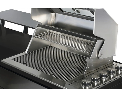 Edelstahl Gasgrill mit offenem Deckel und Grillrost