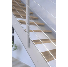 Detailansicht einer Treppe mit Holzstufen und einem Geländer aus Edelstahlseilen