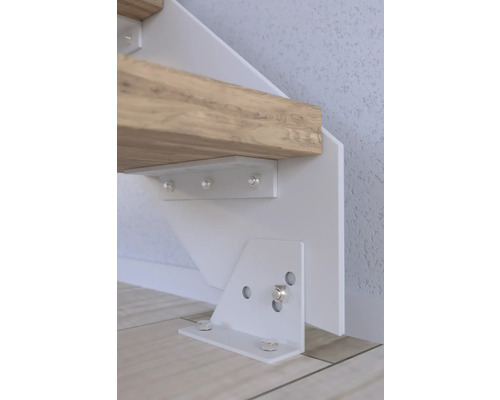 Detailansicht einer Treppenkonstruktion mit weißem Wangenverbinder und Holzstufe