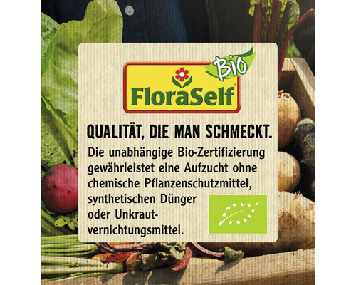 FloraSelf Logo. Text: Qualität, die man schmeckt. Bio Zertifizierung garantiert Anbau ohne chemische Pflanzenschutzmittel, synthetischen Dünger oder Unkrautvernichtungsmittel. Europäisches Bio Siegel