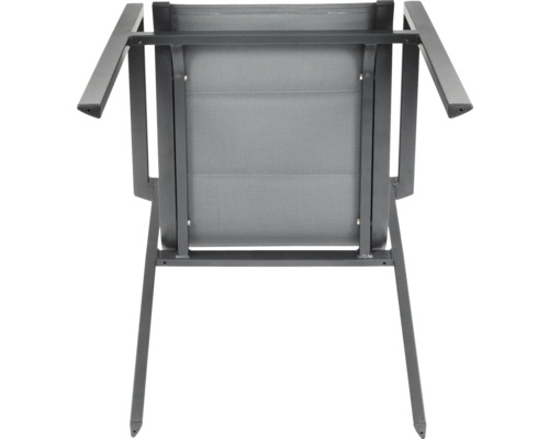 Unteransicht eines Gartenstuhls mit Aluminiumrahmen und Textilbespannung