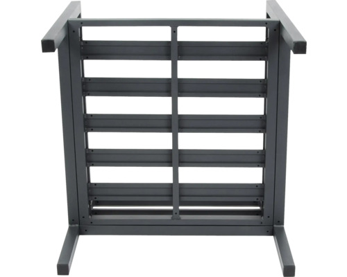 Unterseite eines grauen Gartensessels mit Lattenrost