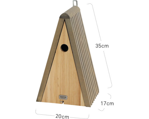 Dreieckiges Vogelhaus aus Holz mit Aufhänger und den Maßen 35 x 20 x 17 cm.