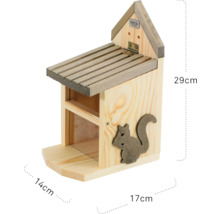 Eichhörnchenfutterhaus aus Holz mit den Maßen 29 cm Höhe, 14 cm Breite und 17 cm Tiefe.