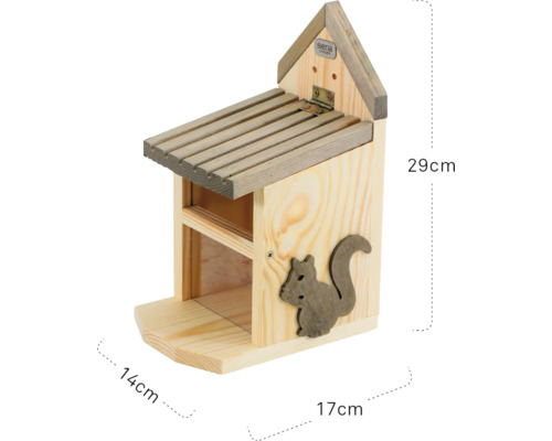 Eichhörnchenfutterhaus aus Holz mit den Maßen 29 cm Höhe, 14 cm Breite und 17 cm Tiefe.