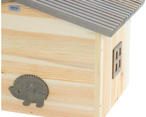 Igelhaus aus Holz mit Dach, Fenster und Igelapplikation