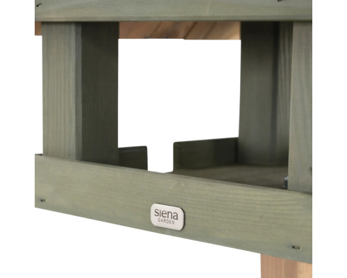 Detailansicht eines Futtertisches aus Holz mit dem Siena Garden Logo.