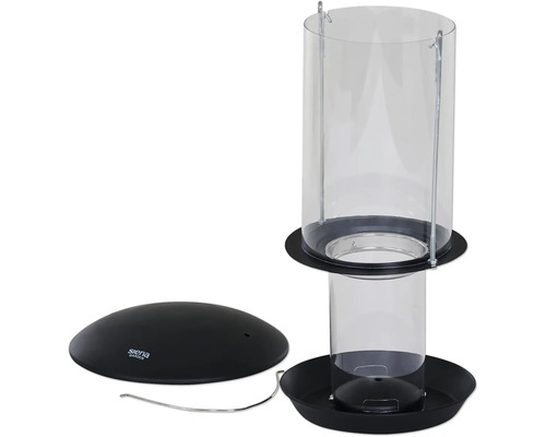 Vogelhaus mit transparentem Futtersilo und schwarzem Dach