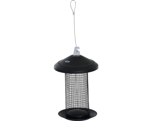 Vogelhaus mit Metallgitter zur Futteraufnahme durch Vögel